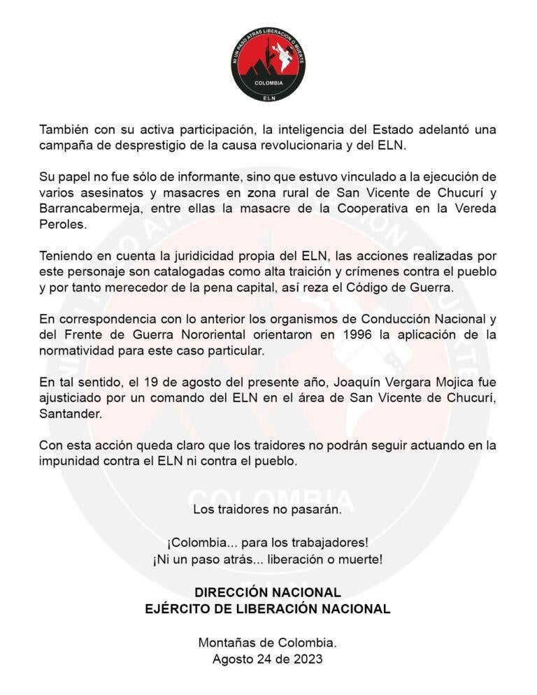 Comunicado ELN alias 'Timo'