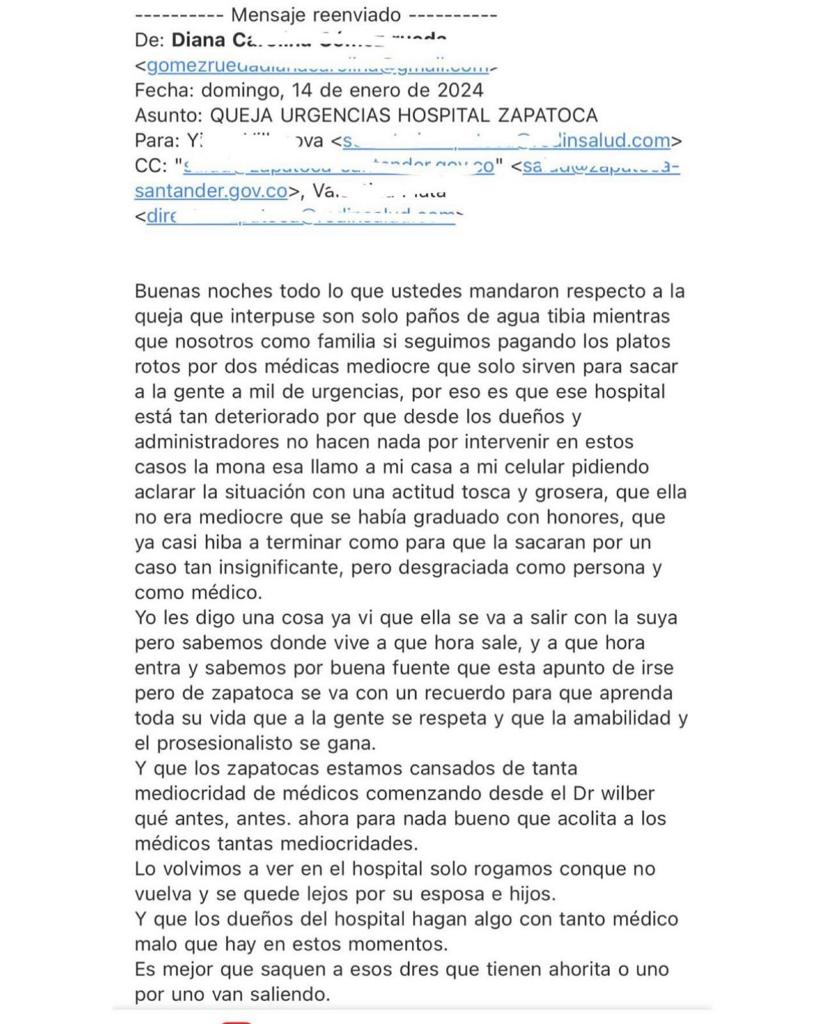 Correos amenazantes al personal médico