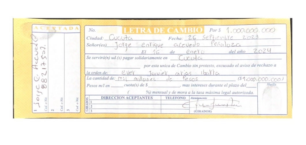 Letra de cambio del alcalde Jorge Acevedo
