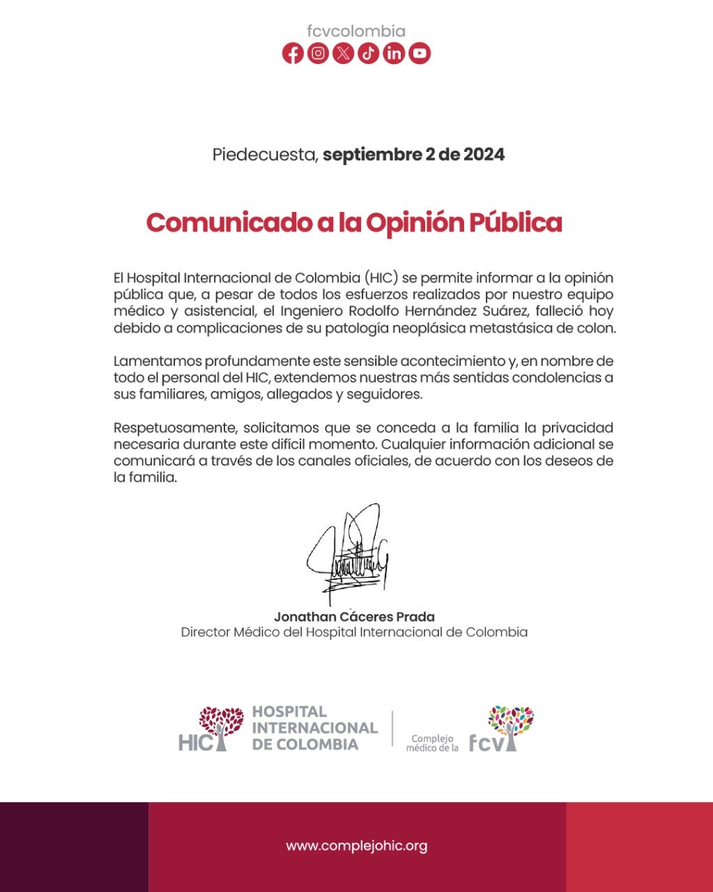 Comunicado muerte de Rodolfo Hernández.