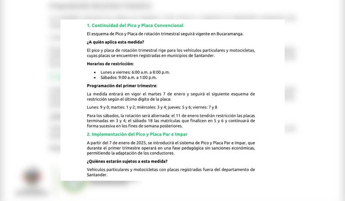 Nueva reglamentación del pico y placa del área metropolitana de Bucaramanga