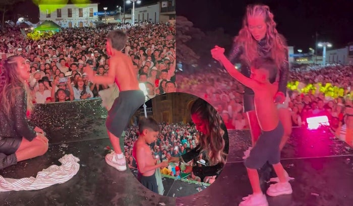 Karen Lizarazo y un niño de Zapatoca (Santander) en las Ferias y Fiestas municipales