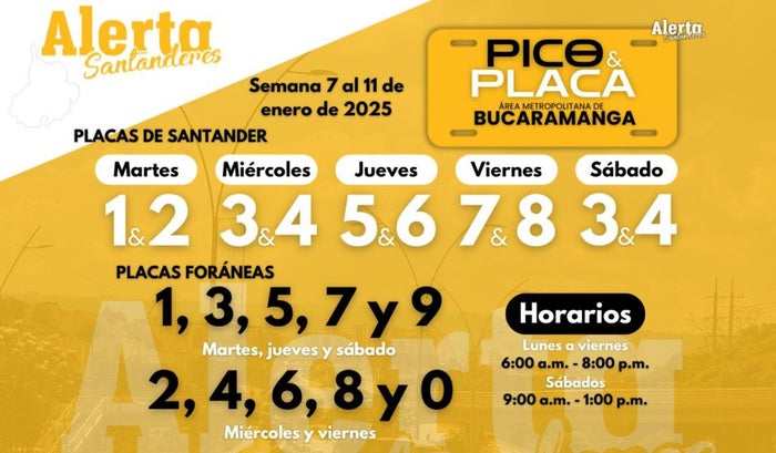 Pico y placa Bucaramanga del 7 al 11 de enero