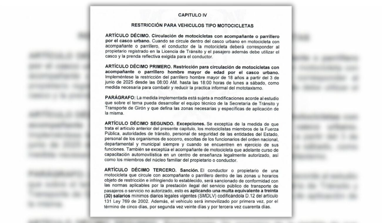 Restricciones para las motocicletas en Girón (Santander)