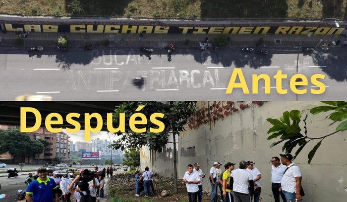 Antes y después del mural 'las cuchas tienen razón' en Bucaramanga