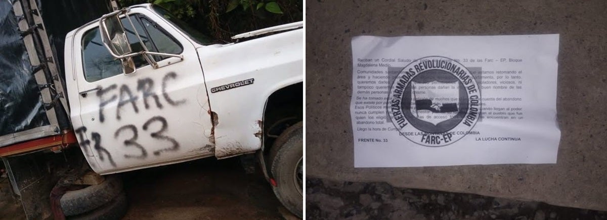 Desconocidos pintaron letreros alusivos al Frente 33 de las Farc