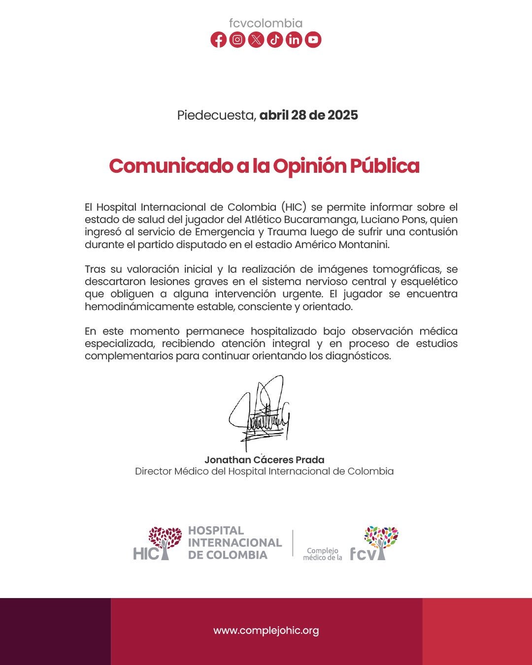 Comunicado sobre la hospitalización de Luciano Pons