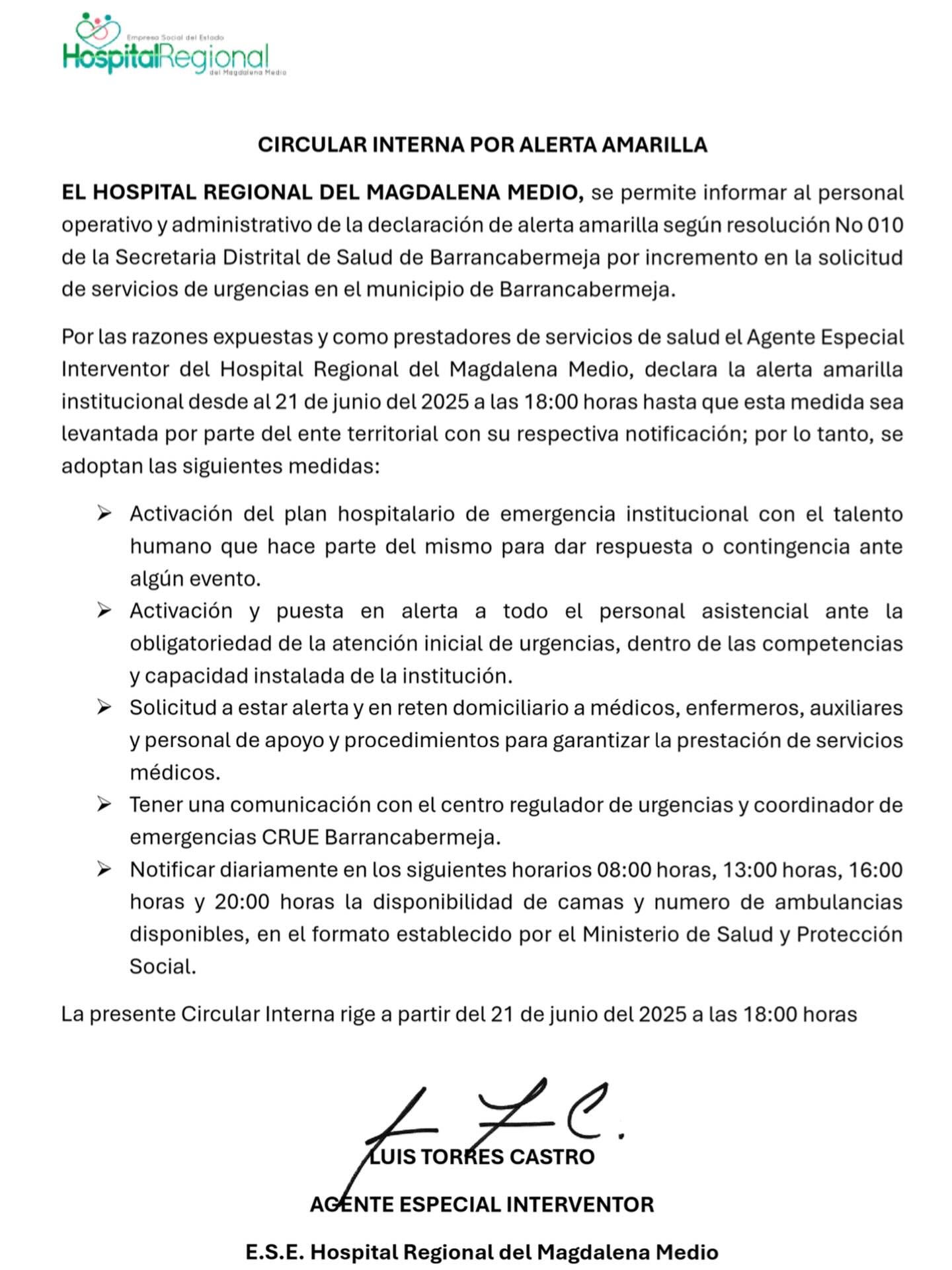 Declaratoria de alerta amarilla Hospital Regional Magdalena Medio.