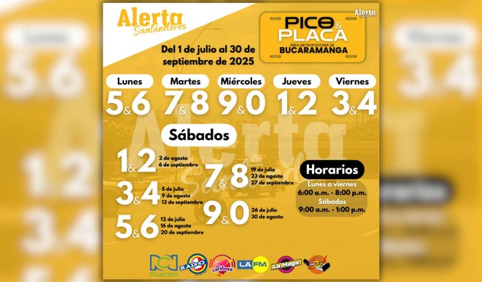 Pico y placa área metropolitana de Bucaramanga (julio - septiembre)