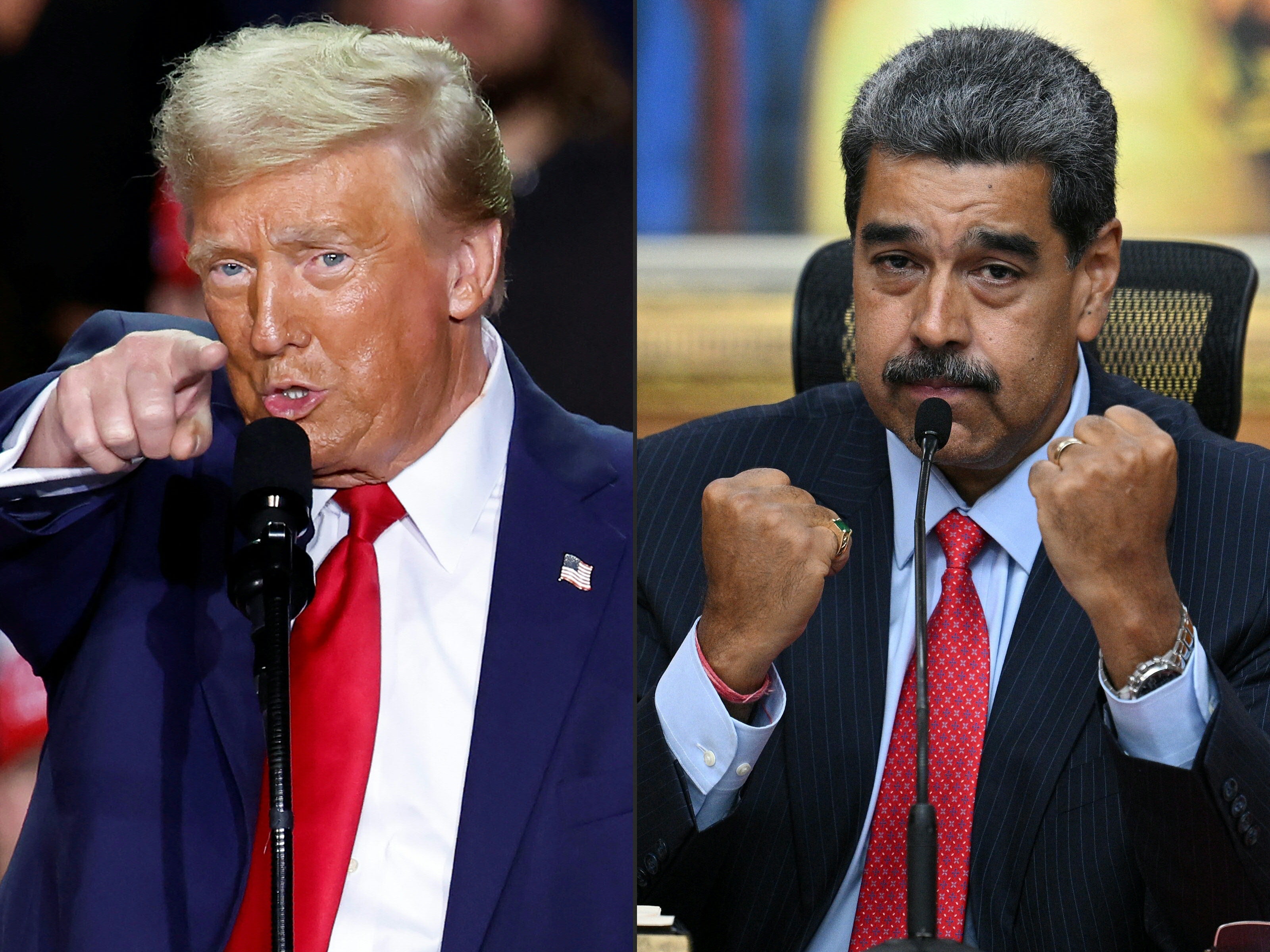 Combo de imágenes de AFP del presidente de Estados Unidos, Donald Trump, y el de Venezuela, Nicolás Maduro, ambos en posturas desafiantes.