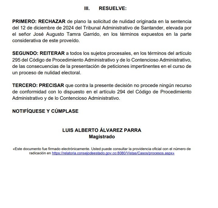 Consejo de Estado rechazó la nulidad en el proceso electoral de Jaime Andrés Beltrán.