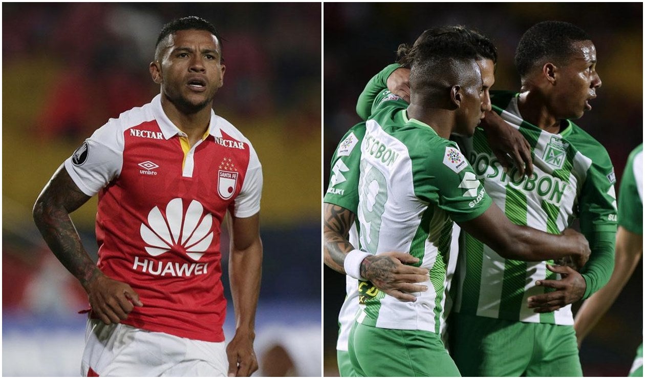Wilson Morelo, delantero de Santa Fe, y jugadores de Atlético Nacional