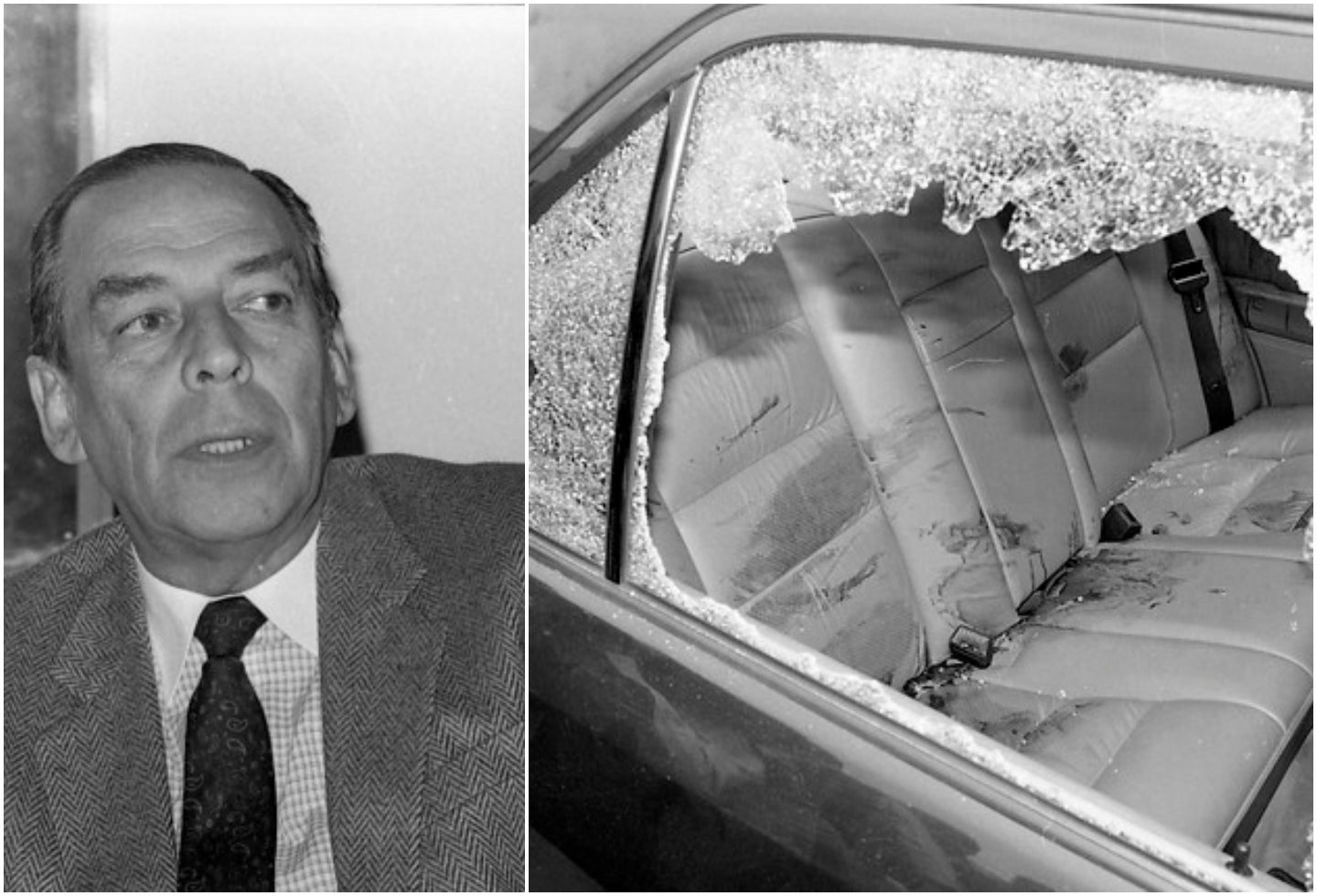 Álvaro Gómez Hurtado y el vehículo en que se movilizaba cuando fue asesinado, el 2 de noviembre de 1995 en Bogotá