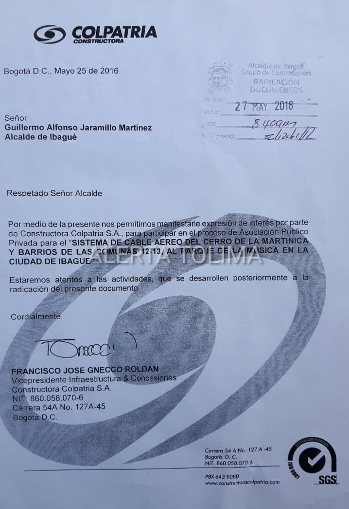 Carta Cable aéreo Colpatria