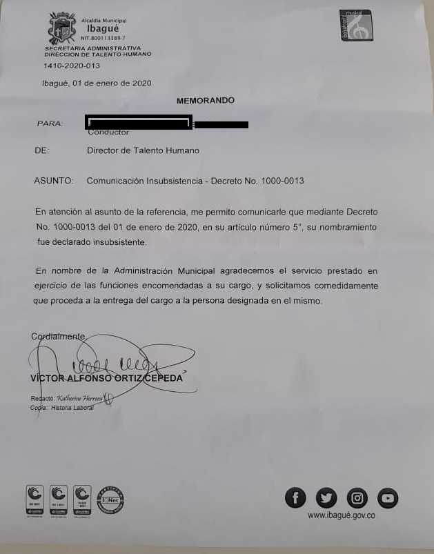 Despidos Alcaldía de Ibagué