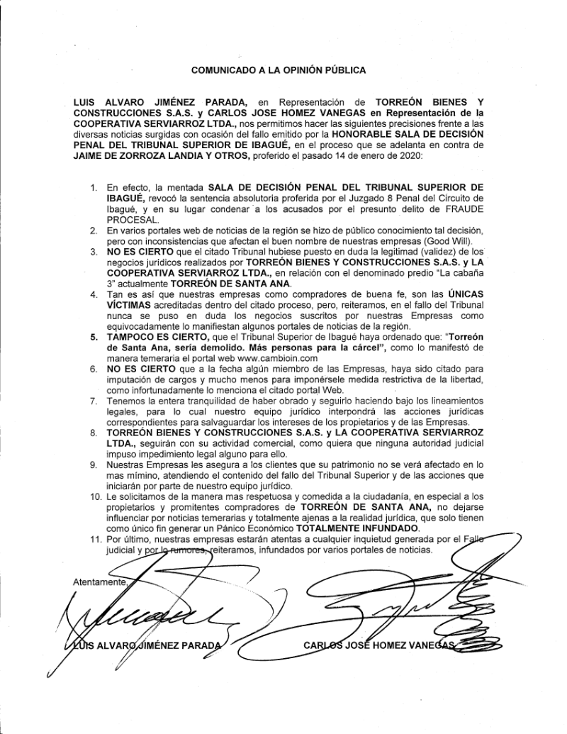 Comunocado de Prensa