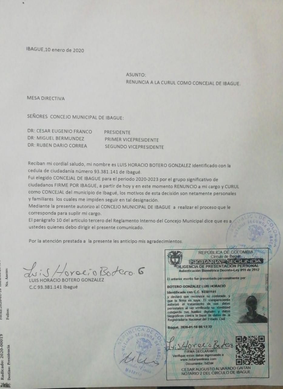 Renuncia de Horacio Botero