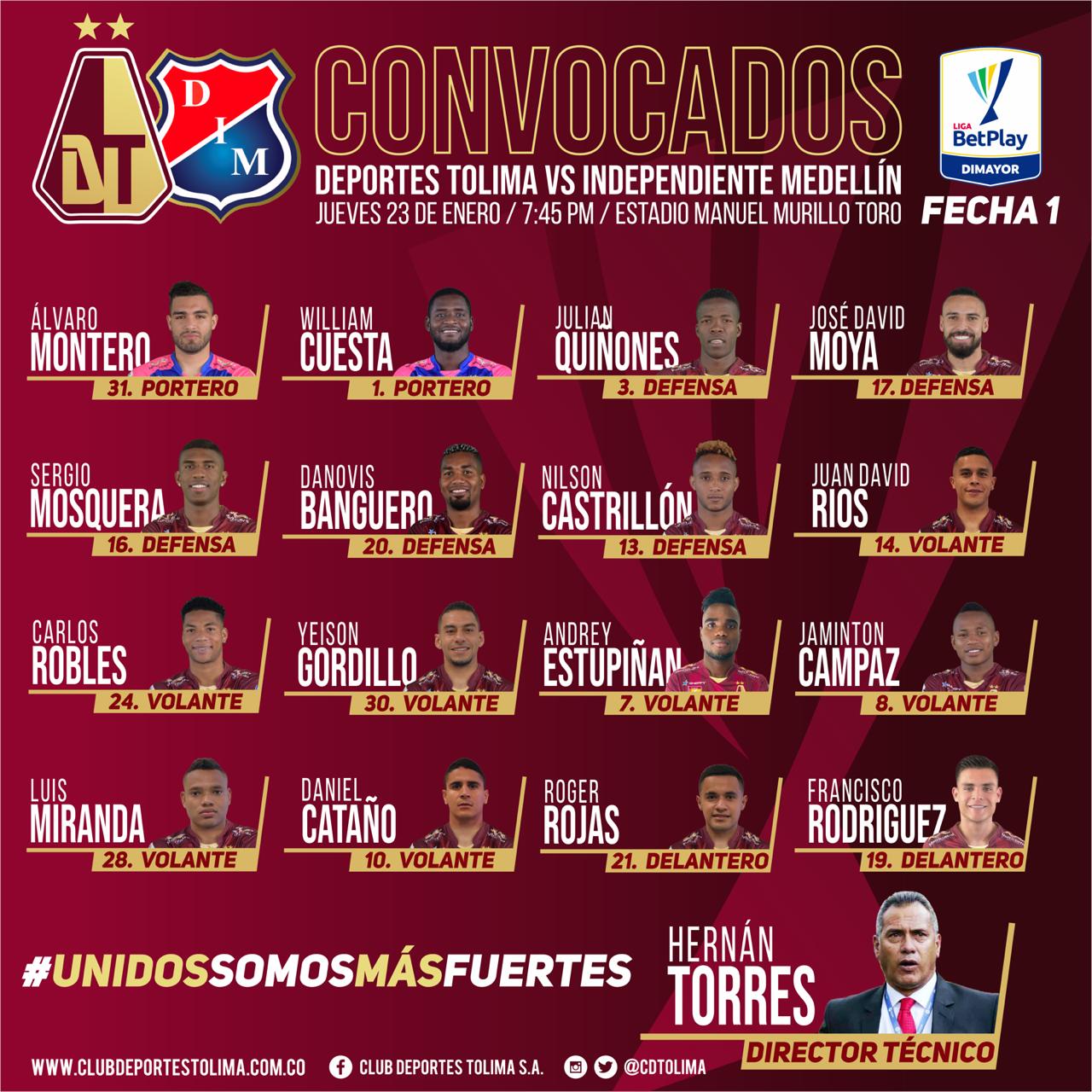 Convocados del Deportes Tolima e Independiente Medellín