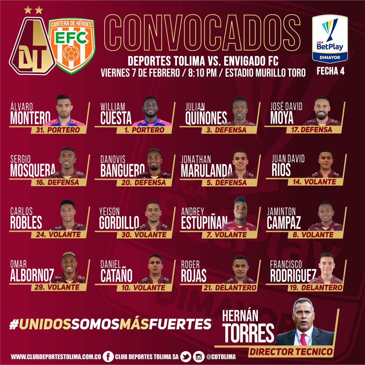 Convocados Tolima vs Envigado 8:10 p.m. Fecha 4