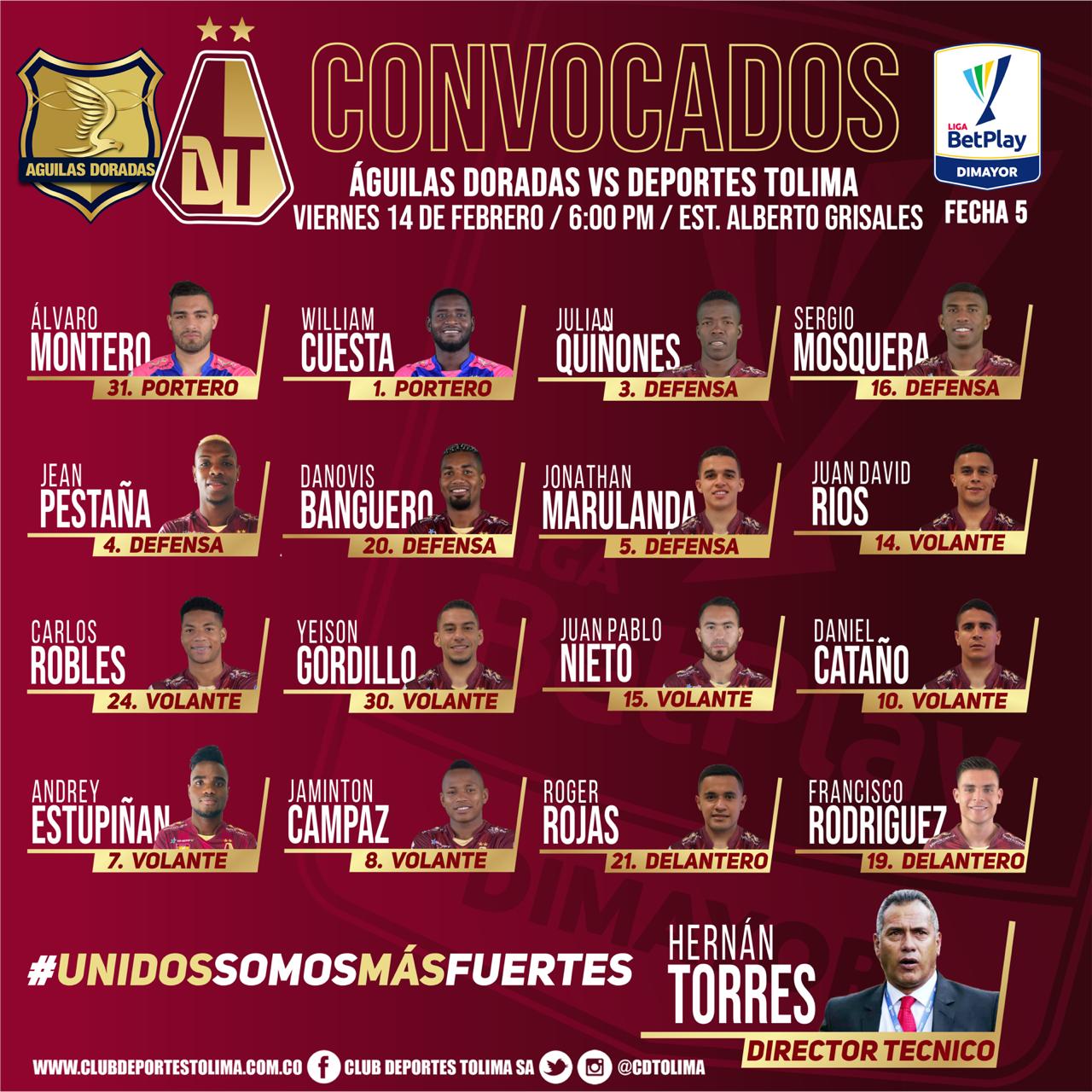 Convocados Rionegro Águilas vs Deportes Tolima