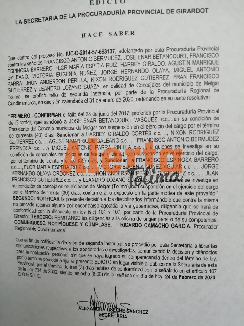 Procuraduría sancionó a alcalde, medio gabinete y varios concejales de Melgar