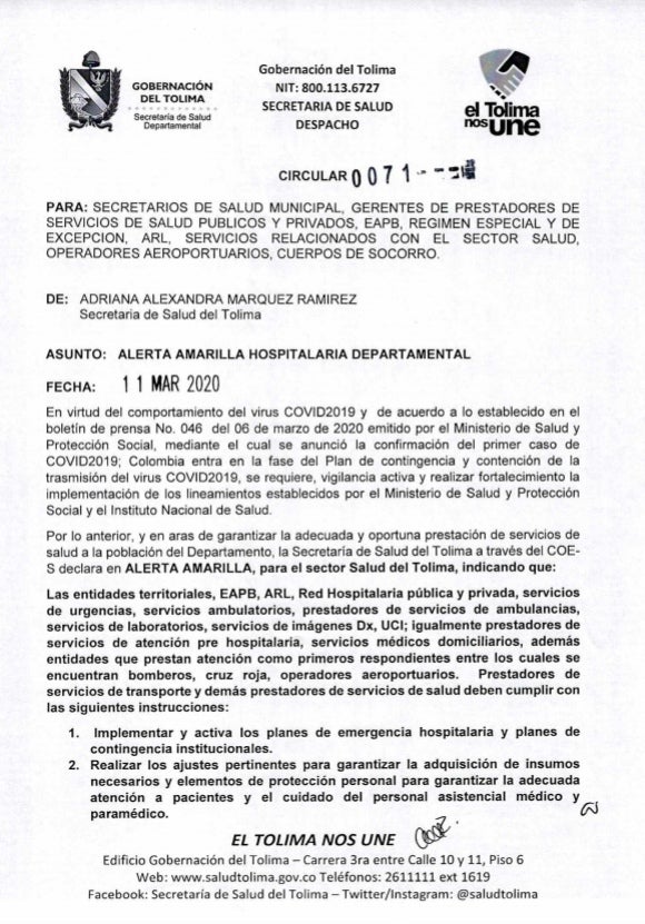 Alerta Amarilla en el Tolima por Coronavirus