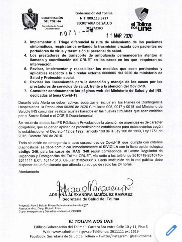 Alerta Amarilla en el Tolima por Coronavirus