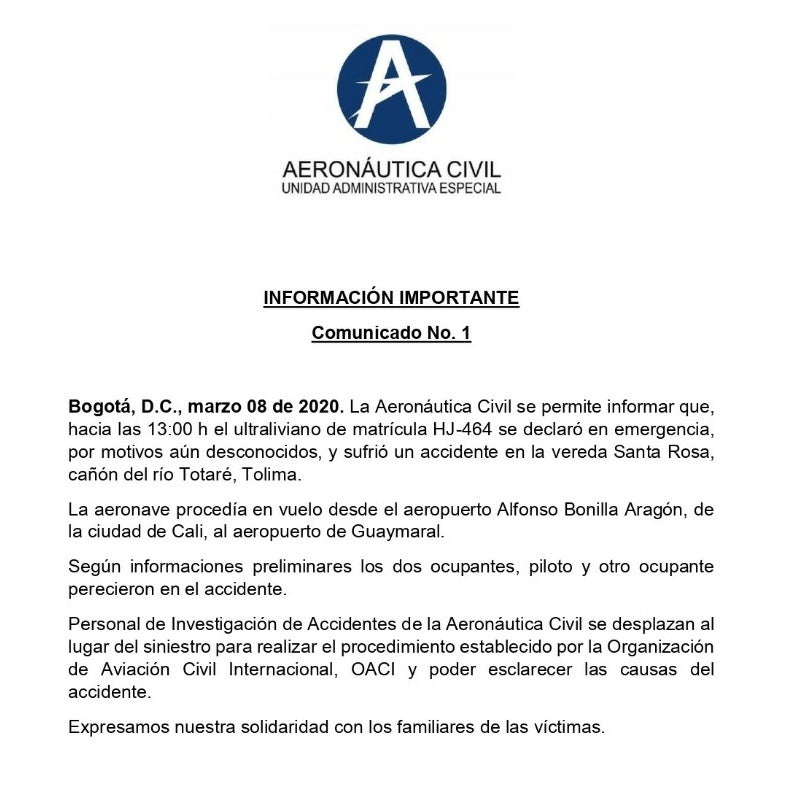 Accidente aéreo en el Tolima