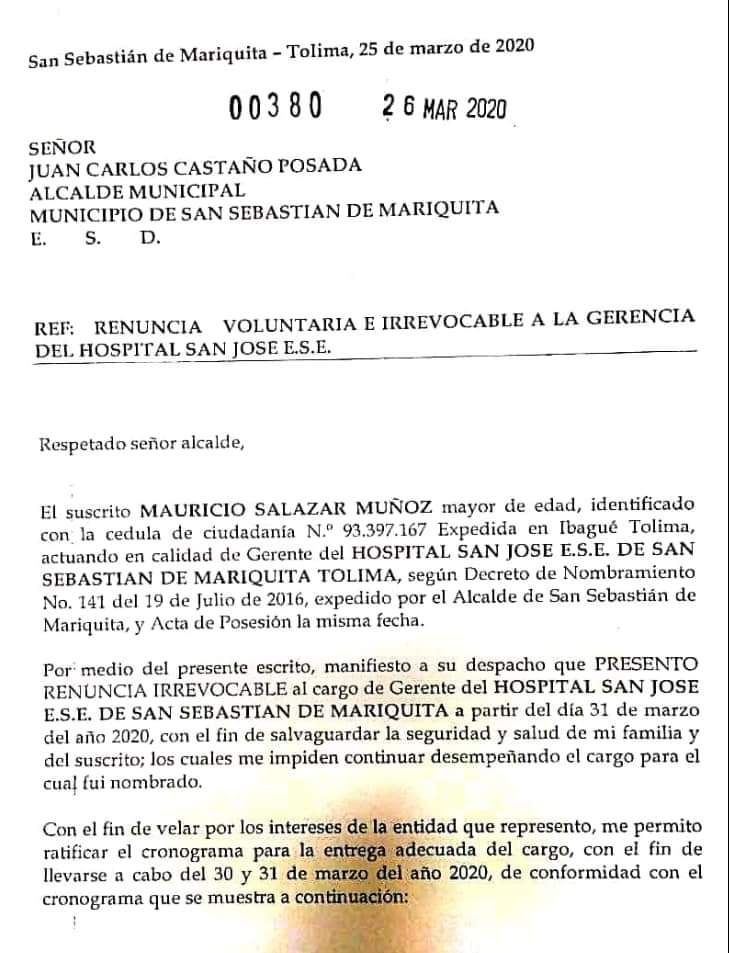 Renunció el gerente del Hospital de Mariquita Tolima