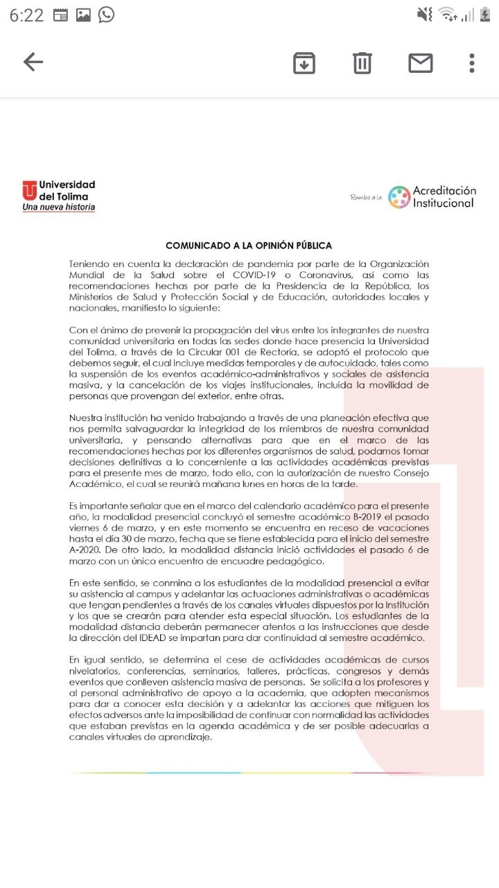 Comunicado Universidad del Tolima