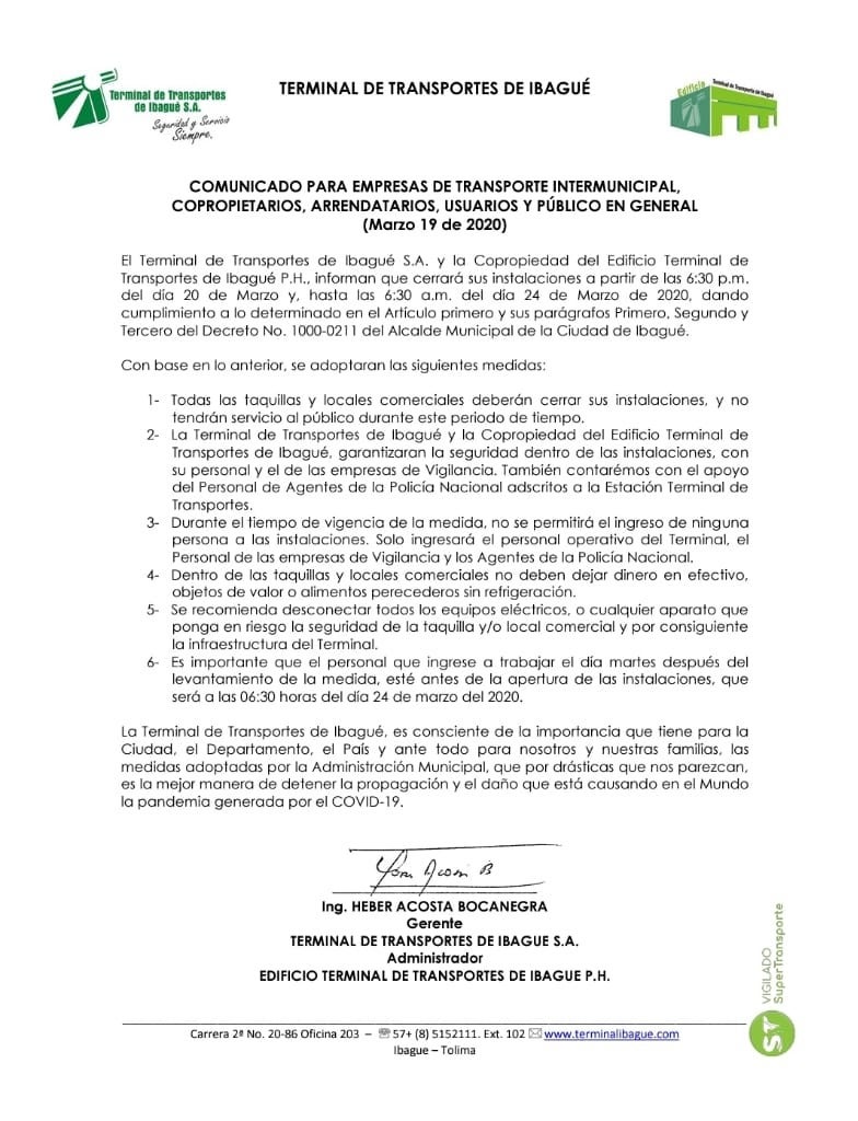 Terminal de trasporte de Ibagué sin servicio