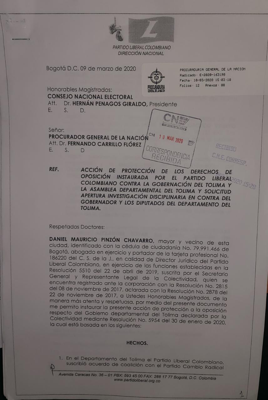 Partido Liberal solicito investigación disciplinaria contra el Gobernador