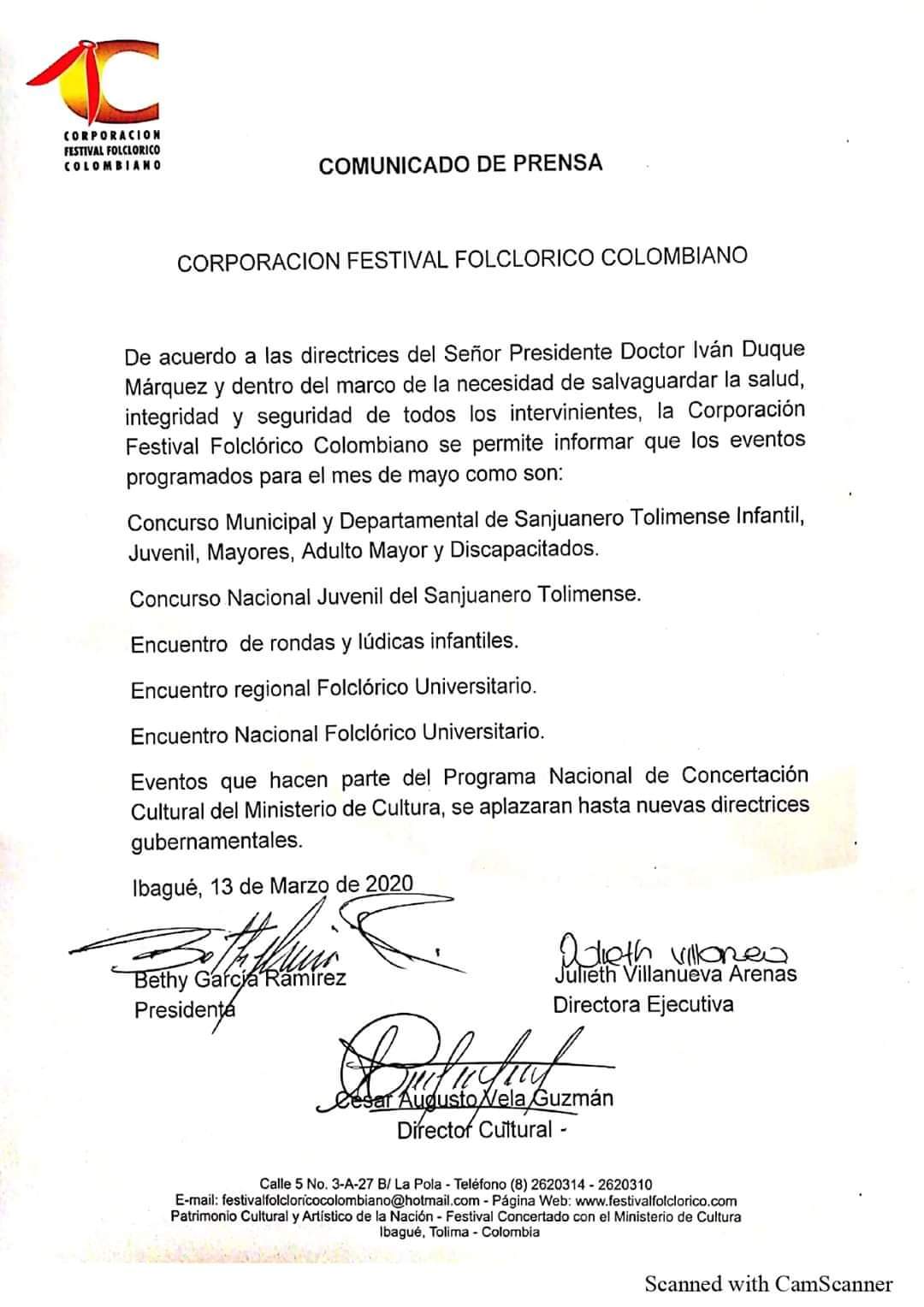 Comunicado Festival Folclórico Colombiano