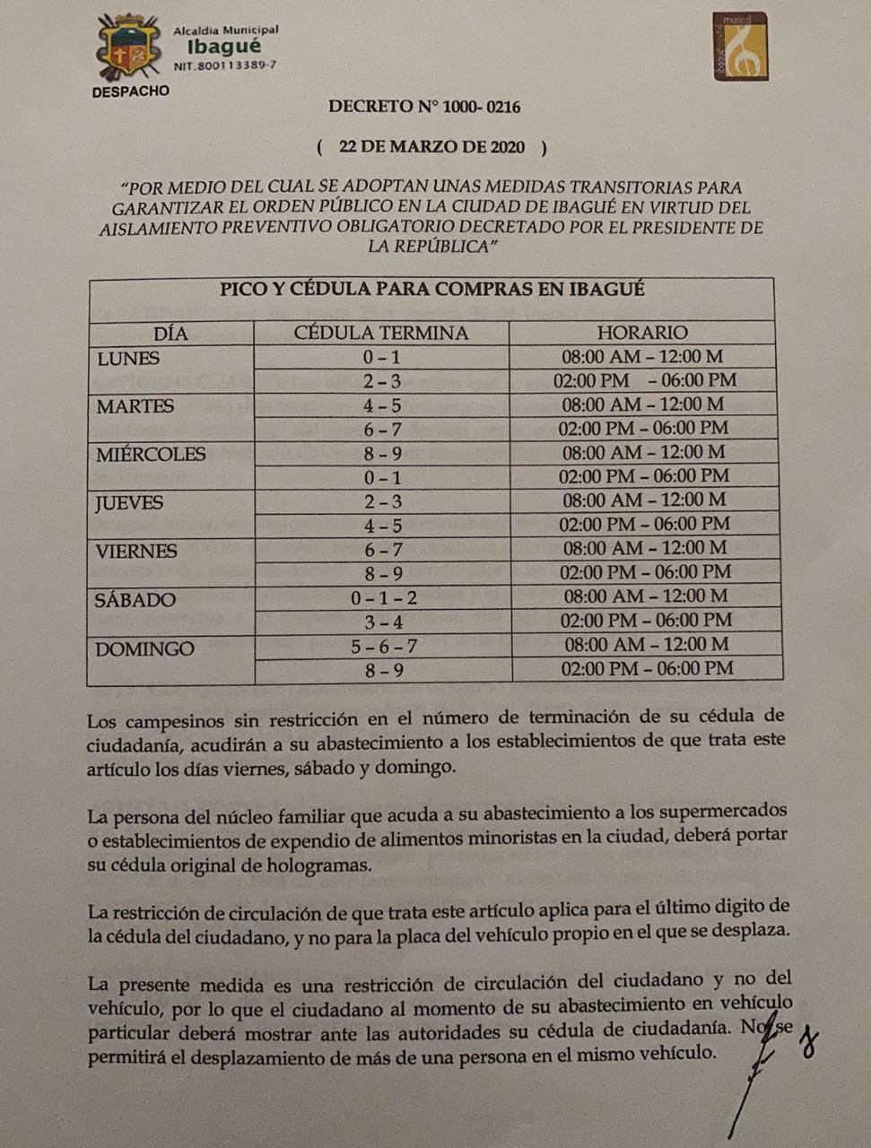 Pico y placa de cédulas en Ibagué