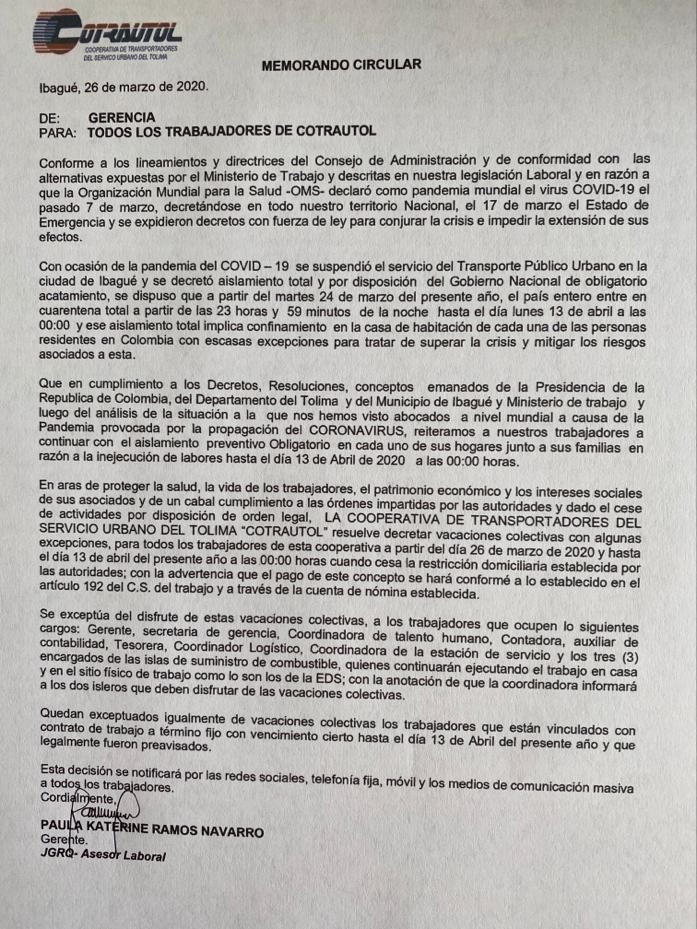 Conductores de transporte público de Ibagué en vacaciones colectivas