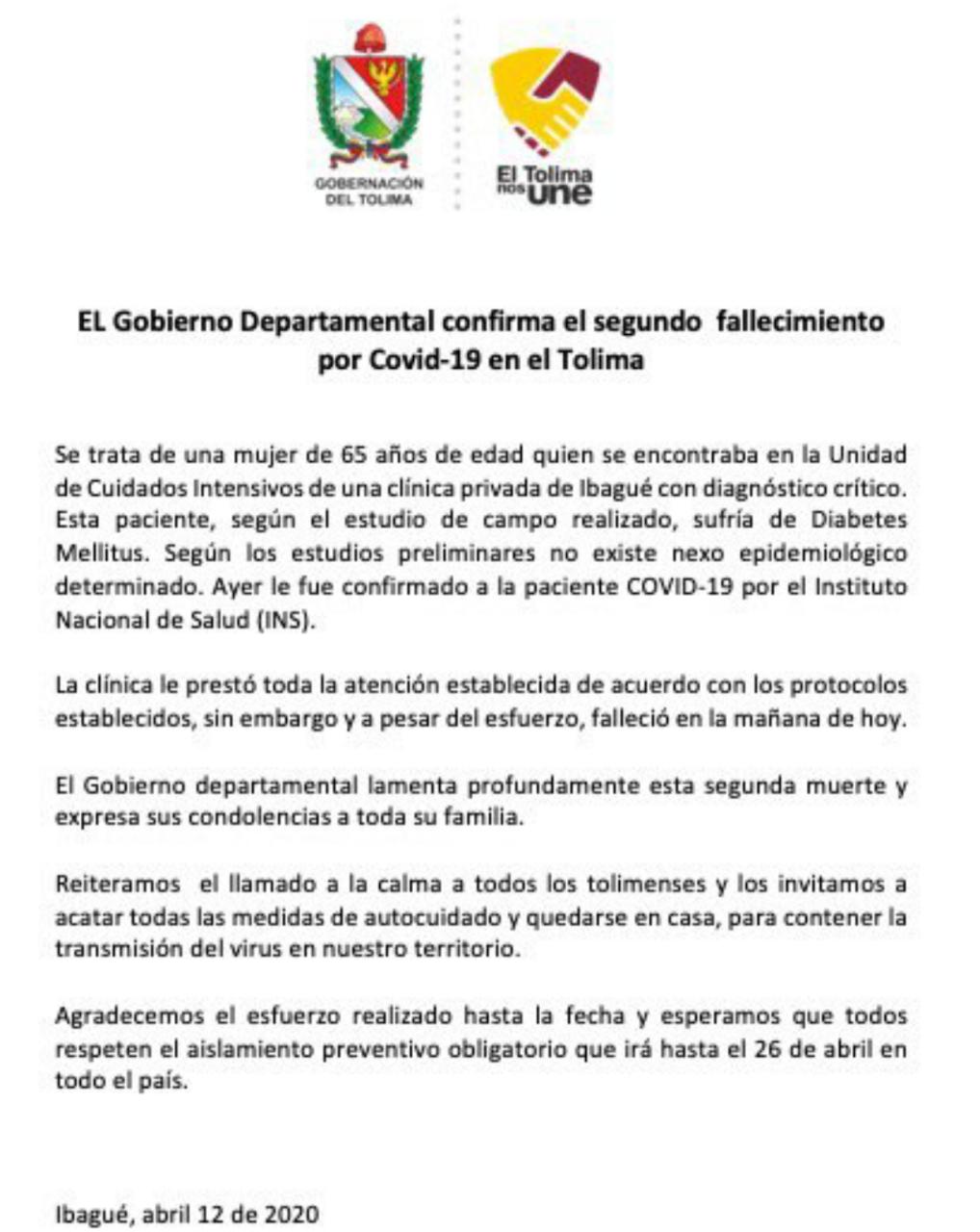 Comunicado Gobernación del Tolima