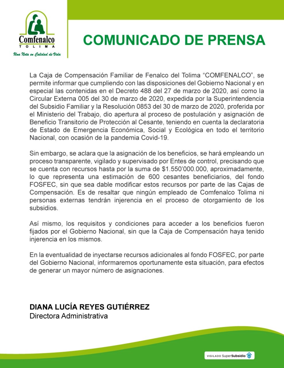 comunicado de prensa Comfenalco