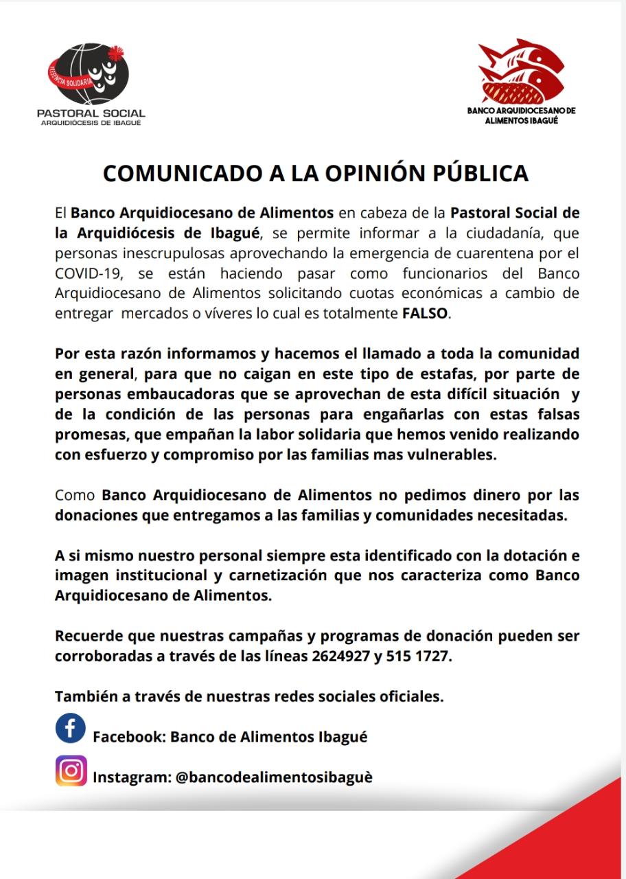 Comunicado Pastoral Social de Ibagué