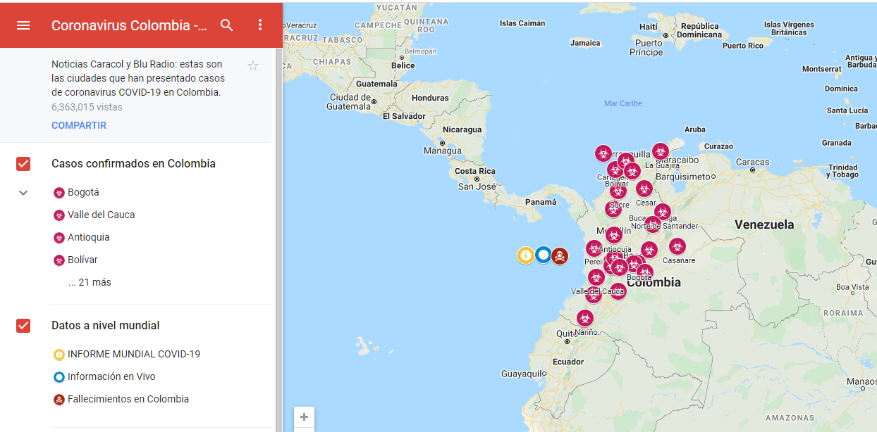 Así es el mapa de contagiados por COVID-19 en Colombia