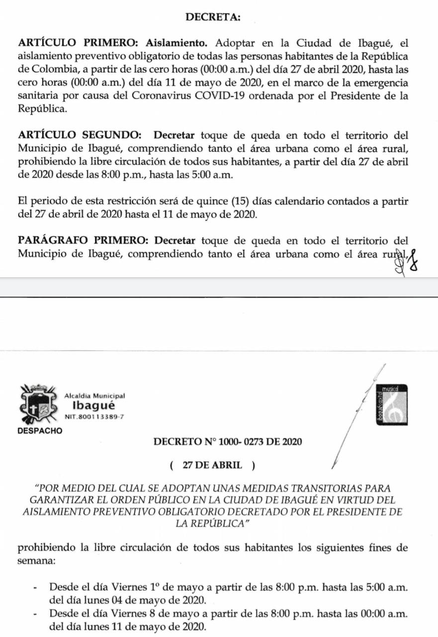 Toque de queda en Ibagué