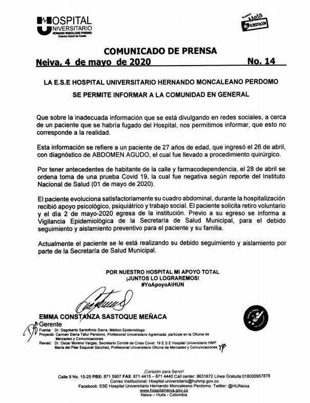 La Gerente del Hospital de Neiva, indicó que la persona señalada no era positivo para el virus.