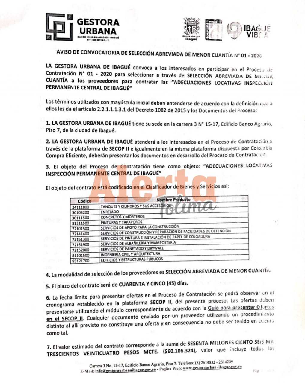 Licitación Permanente Central de Ibagué