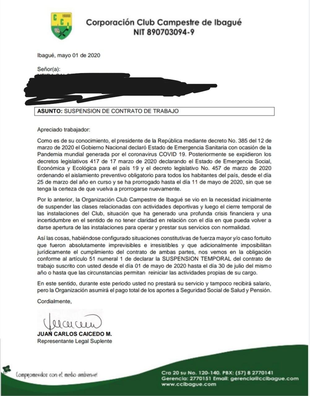 Club Campestre de Ibagué suspendió contrato de trabajadores