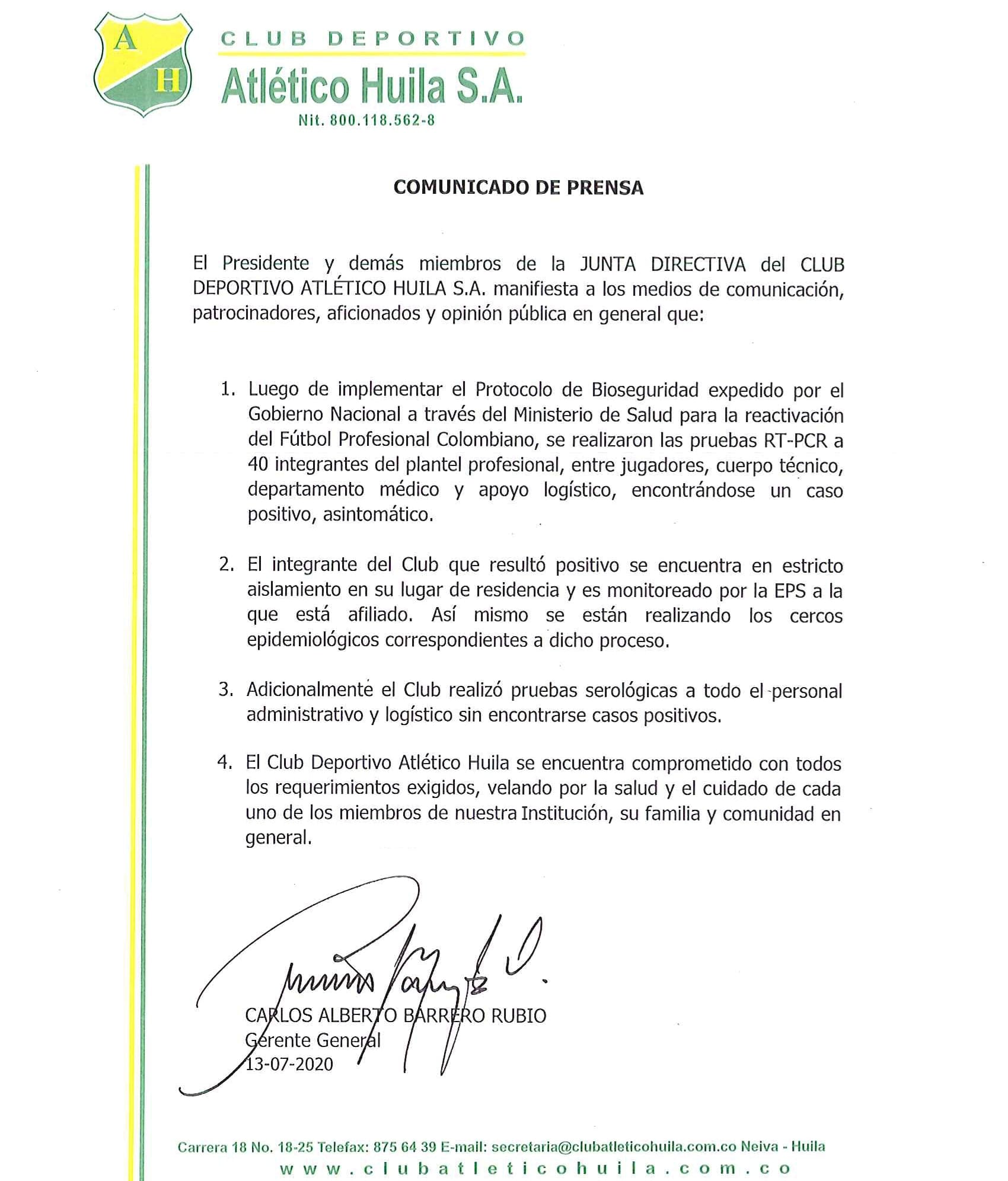 Con el comunicado dieron a conocer la noticia del caso positivo.