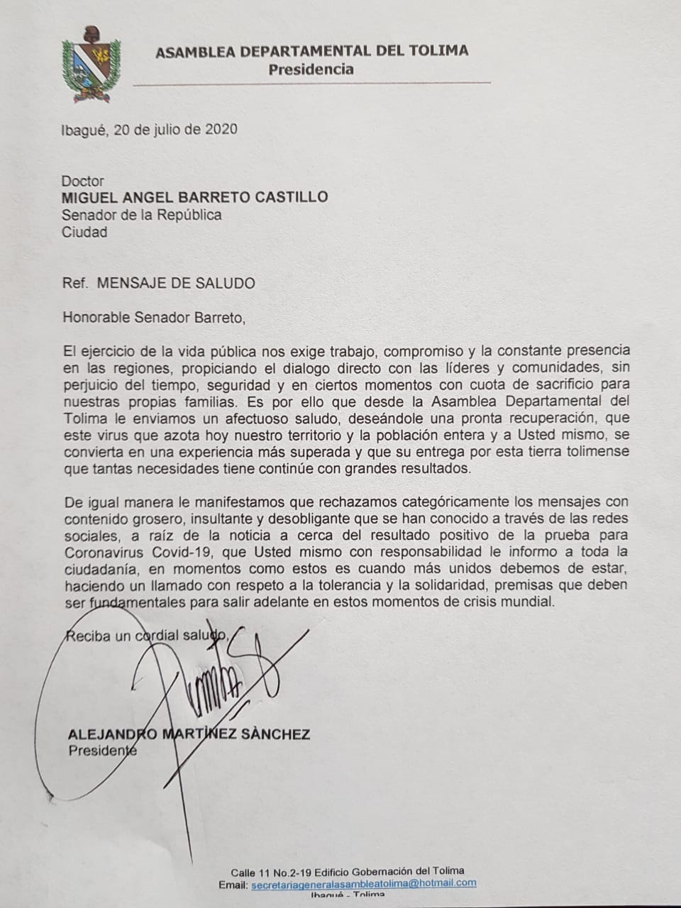 Carta de Miguel Barreto positivo para Covid-19