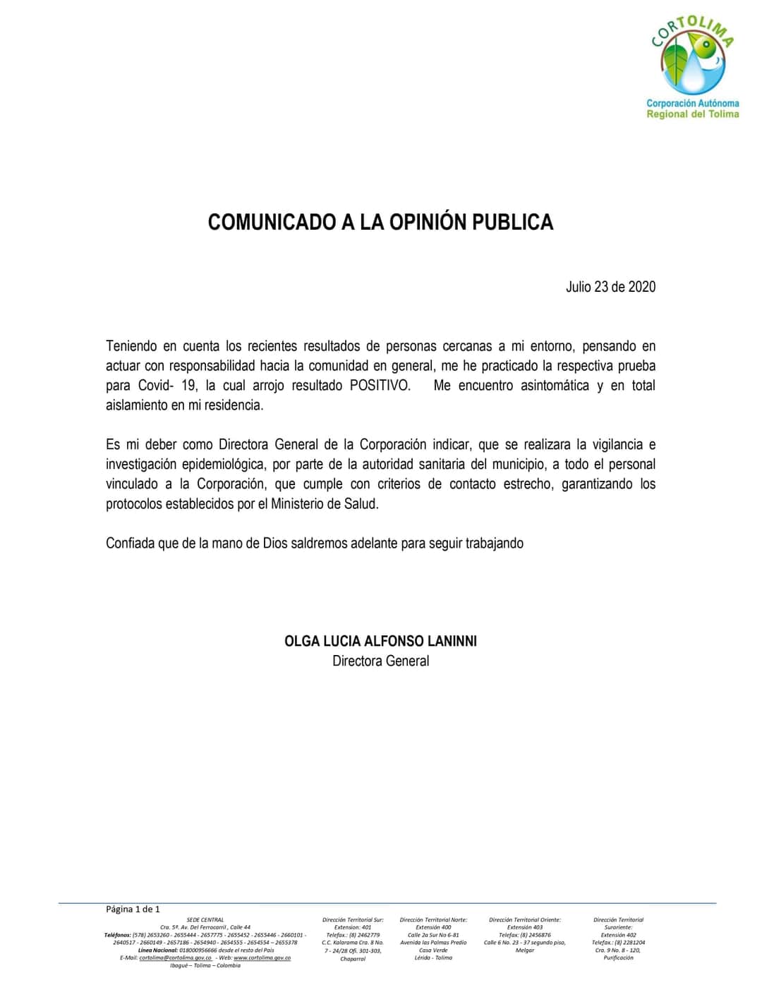 Coronavirus en Cortolima