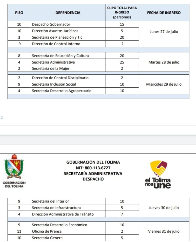 Pico y Placa en la Gobernación del Tolima
