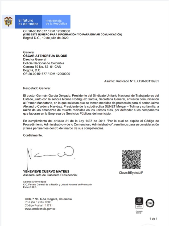 Amenazas de muerte a líder sindical de Melgar