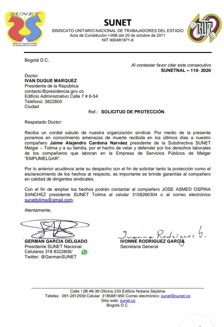 Amenazas de muerte a líder sindical de Melgar