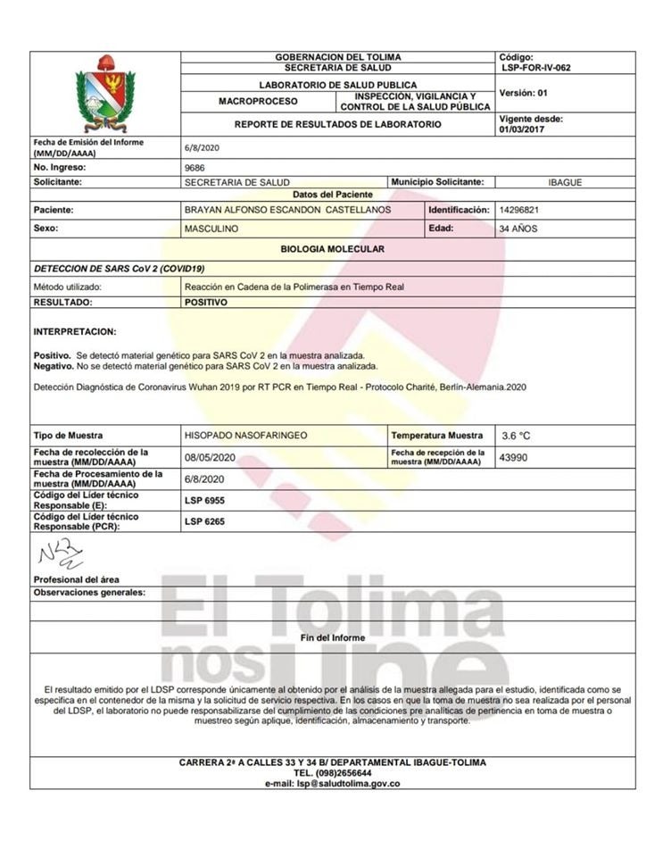 Resultados pruebas covid concejal Escandón